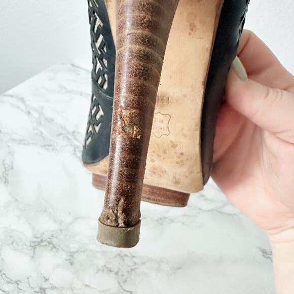 Tory Burch Regan Signature‎ Logo Wood Platform Peep Toe Heels Women’s Size 11 - Picture 10 of 14